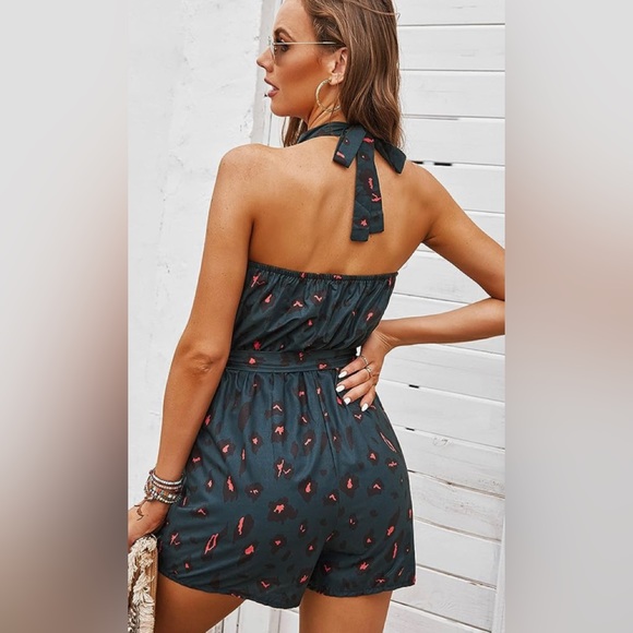 Angashion Women's Rompers - Halter Neck Sleeveless Elastic Waist Romper - Picture 2 of 4